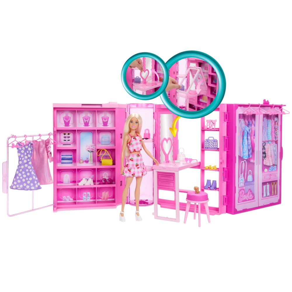 Barbie Dream Dressing Room Playset with 29 Pieces Including Doll, Vanity, Clothing Racks & Accessories, Portable Folding Closet with Handle