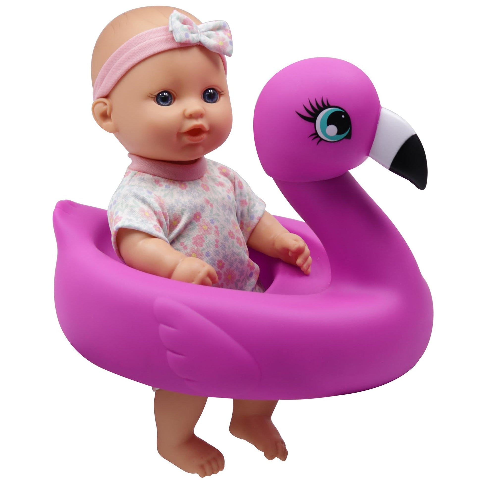 Dream Collection: 10" Bath Time Baby Doll & Flamingo Floatie Set - Onesie Outfit & Headband, Swaddle Blanket Towel, Hard Body, Water Play Toy, Kids 2+