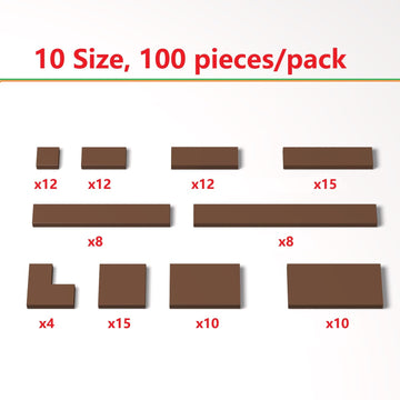 100 Piece Brown Building Tiles Bulk Assortment Pack, Tiles Accessories for Building with 10 Size, Compatible with Lego Parts and Pieces