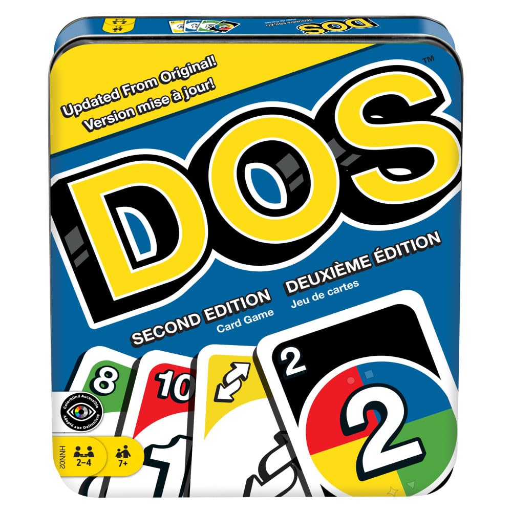Mattel Games DOS Second Edition Family Card Game in Storage Tin with Updated Rules for Kids and Adults, Game Night, Travel, Camping and Party, UNO