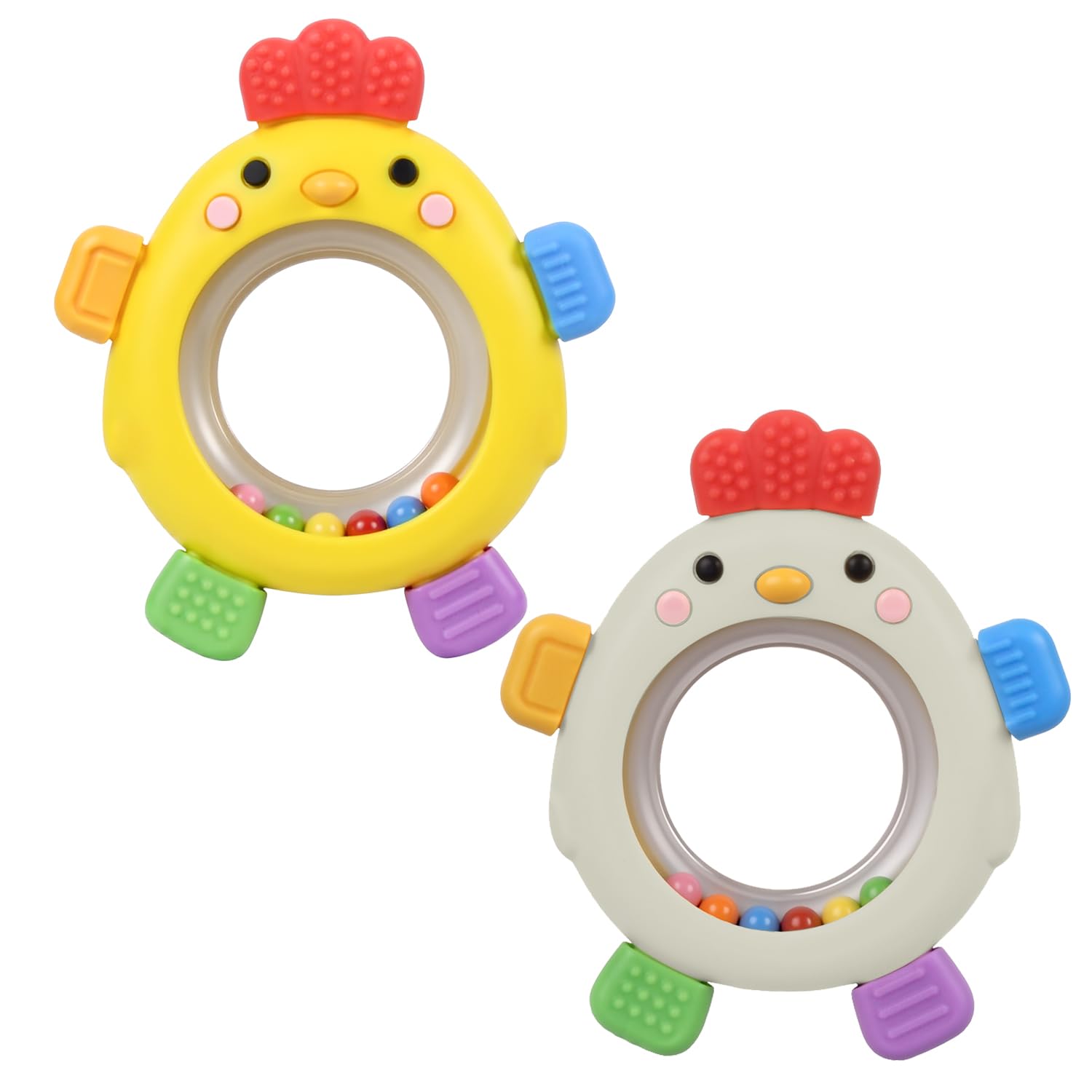 WALULAN Sensory Toys for Babies, 2 Pack Baby Teething Rings Toys for 0-3 3 6-12 Months Baby Rattle Teether Silicone Teether Relief Chew Soothing,BPA