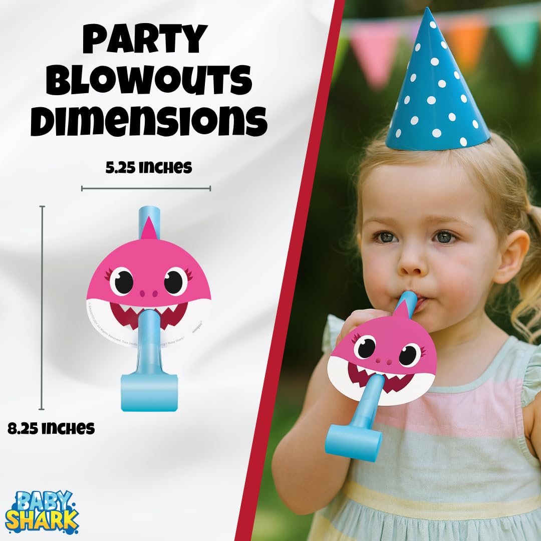 Unique Baby Shark - Party Hats, Blowouts & Sticker Bundle | Officially Licensed | 8 Hats, 8 Blowouts & 1 Sticker Sheet | Birthday Party Supplies Set |