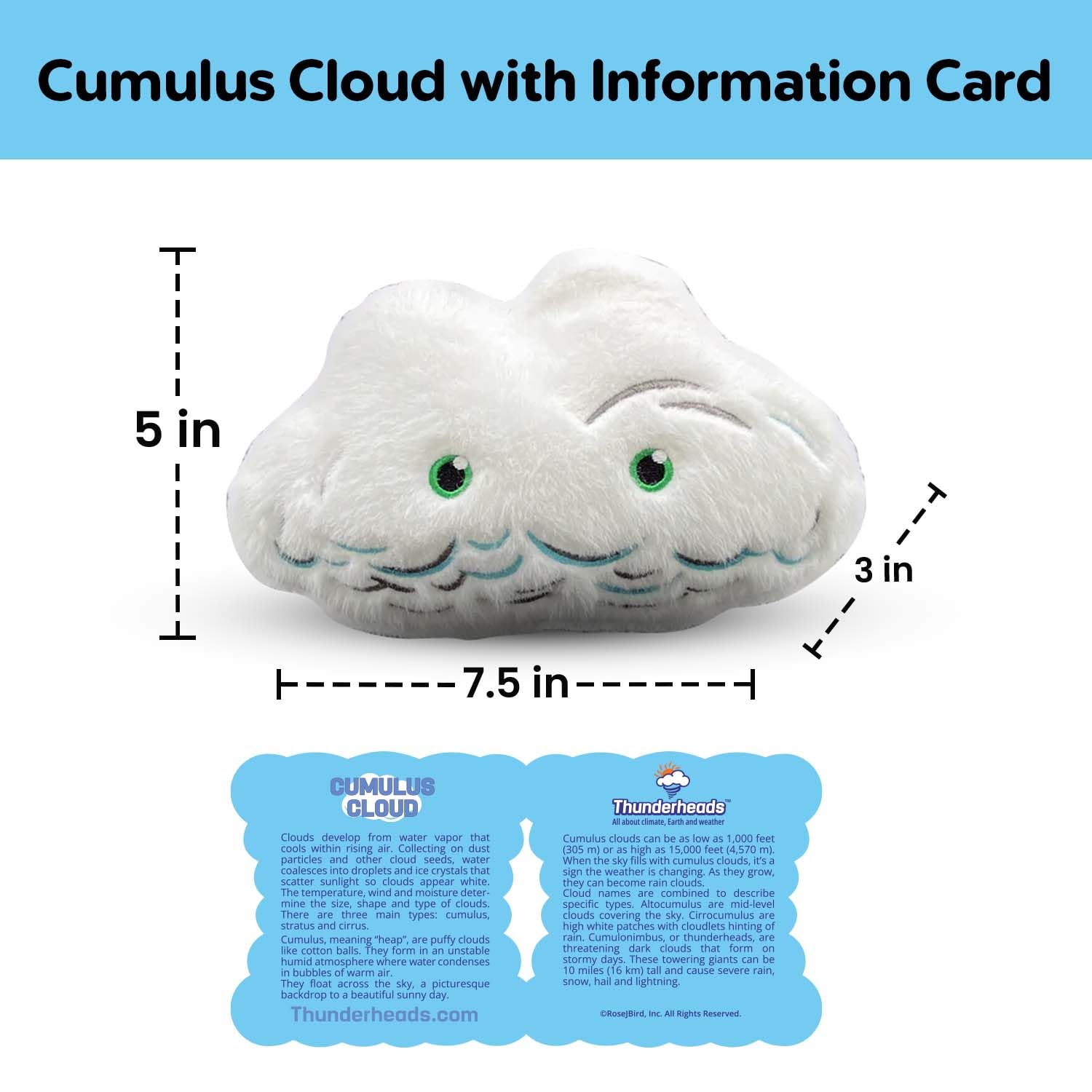 Thunderheads Cumulus Cloud Plushie, Weather-Inspired Soft Collectible with Fun Fact Card for Earth Education, Eco-Conscious Science Gift for Families