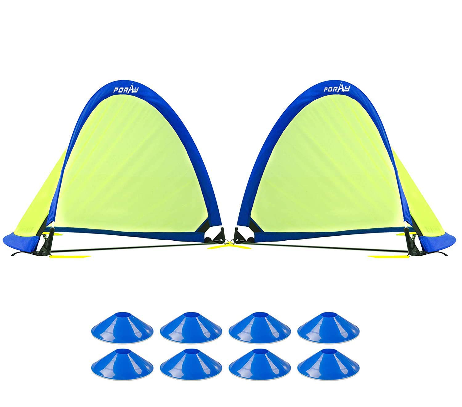 Poray Soccer Goal for Kid Easy-up Set of Two Portable Soccer Net 210D Oxford with 8 Field Marker Cones Extra Stakes Fun for Backyard and Soccer