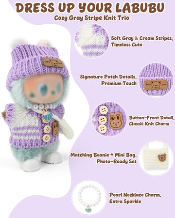 Evowatt Doll Outfits, Clothes for Labubu 17cm Doll, 4-Piece Knitted Doll Clothes Set - Striped Sweater, Beanie Hat, Mini Bag & Shell Bracelet, Purple