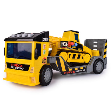 Sunny Days Entertainment Maxx Action 2-N-1 Mega Mover - Construction Truck and Trailer with Lights, Sounds and Motorized Drive, Yellow, Large