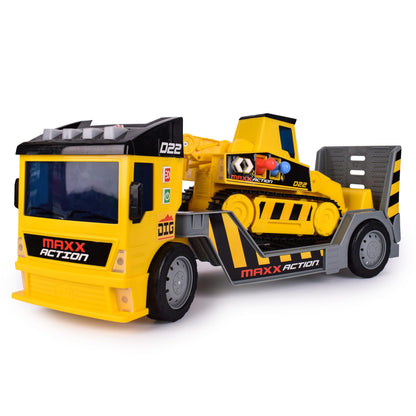 Sunny Days Entertainment Maxx Action 2-N-1 Mega Mover - Construction Truck and Trailer with Lights, Sounds and Motorized Drive, Yellow, Large