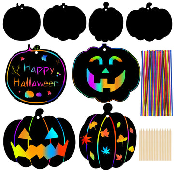 Lucleag Halloween Scratch Art Paper Crafts Kit, 40 Pieces Rainbow Halloween Pumpkins for Halloween Decoration Halloween Colorful DIY Pumpkins
