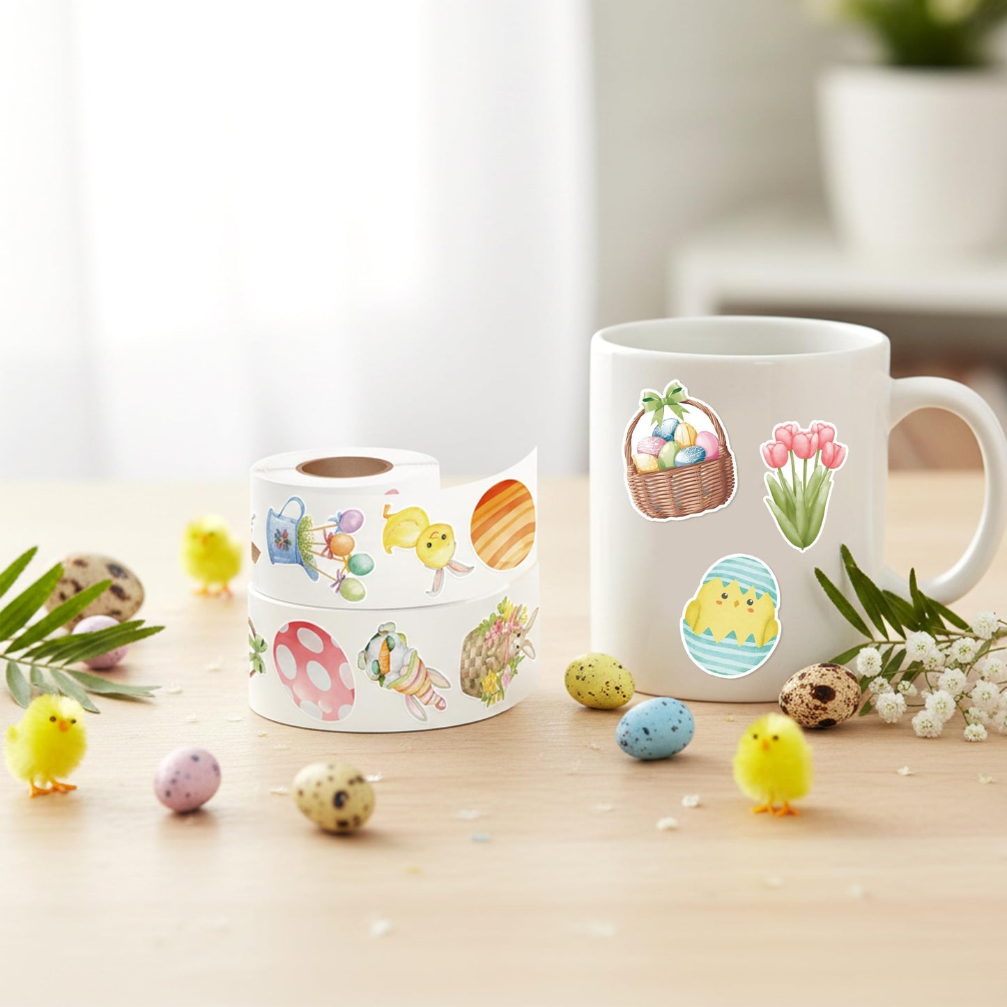 5wsech Cute Watercolor Roll Stickers - 1000Pcs Colorful Egg Flower Chick Bunny Aesthetic Vinyl Stickers for Kids, Happy Easter Party Gift Waterproof