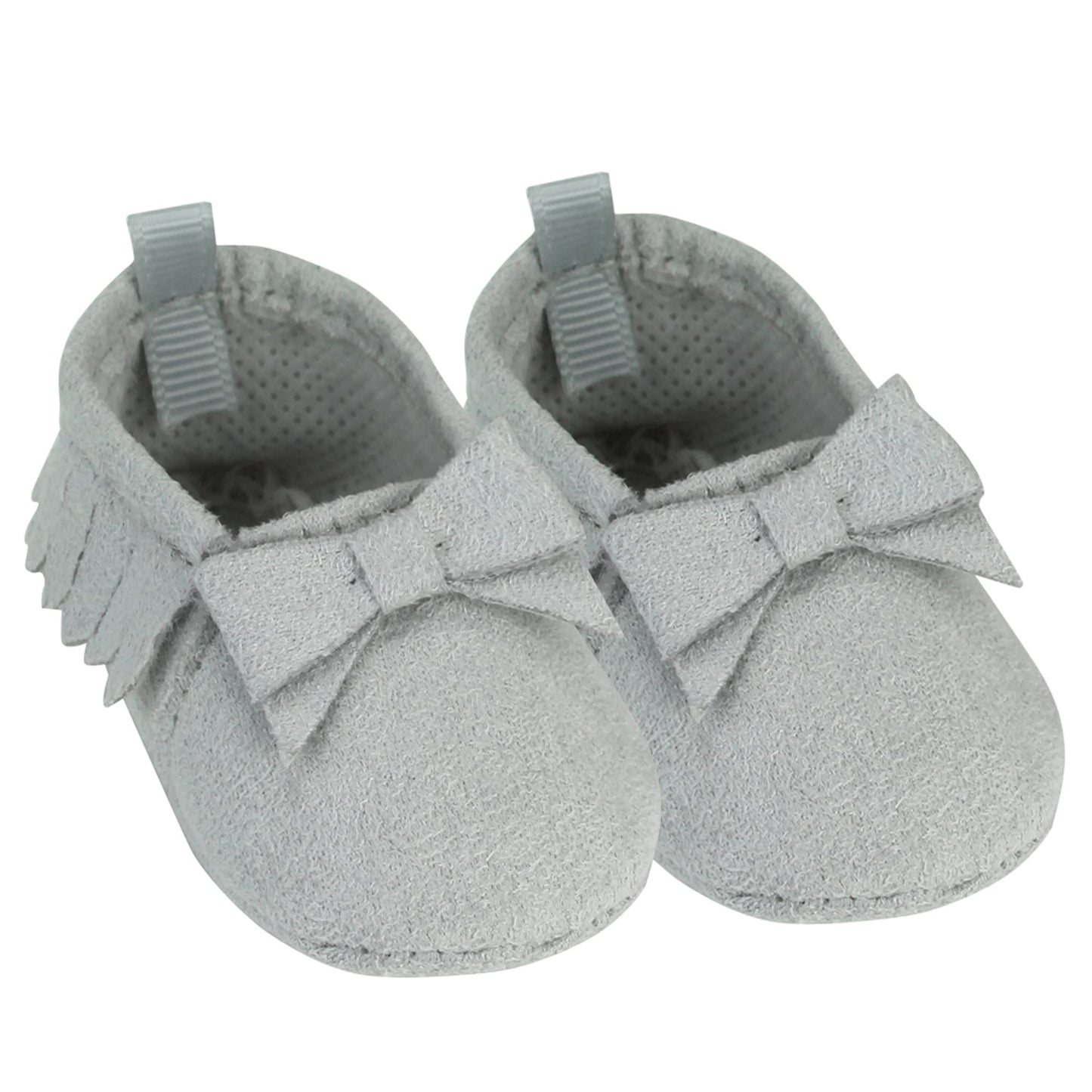 Sophia's Small Adorable Mix & Match Suede Slip-On Moccasin Ballet Flat Shoes with Fringe Details and Bows for 15 Baby Dolls, Gray