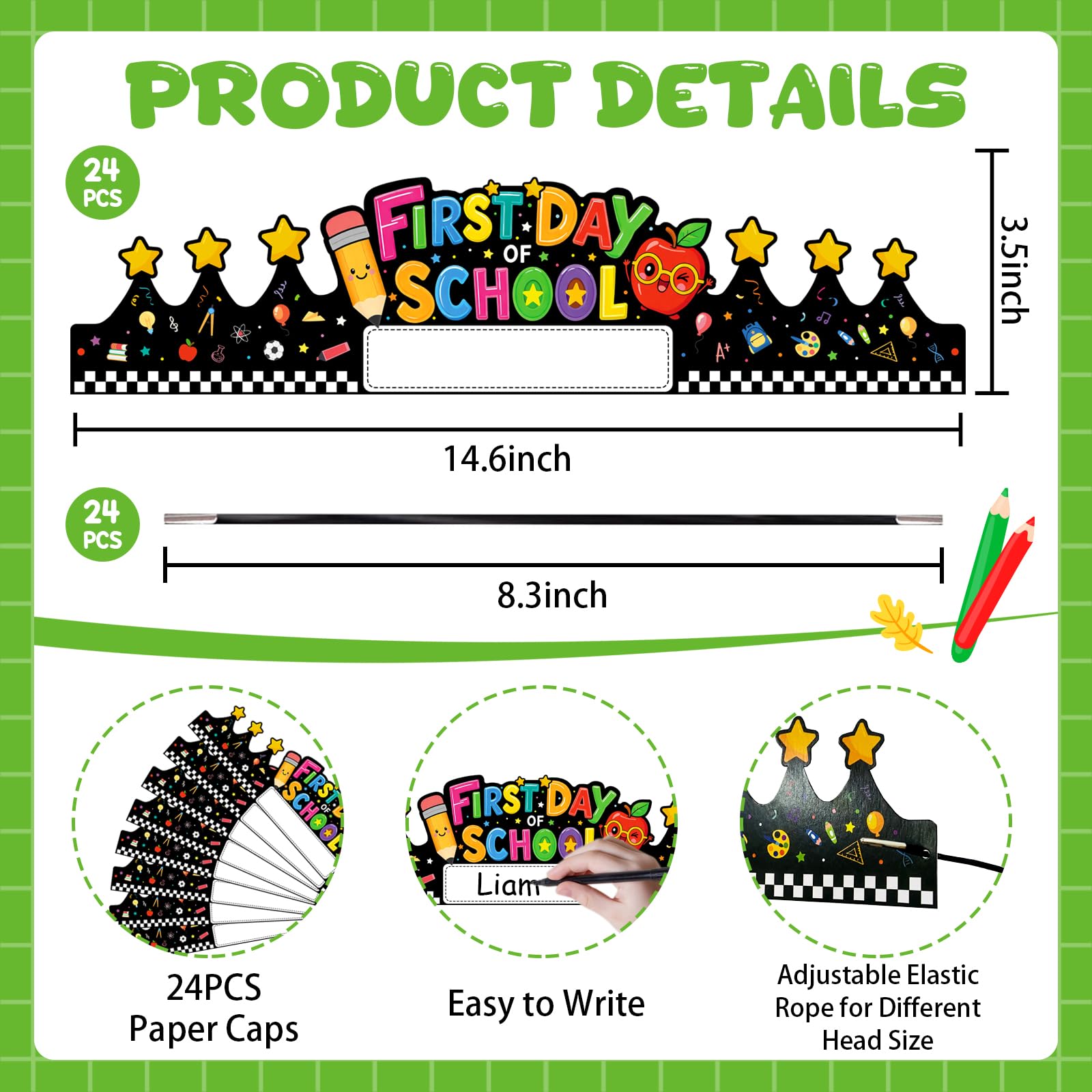 LIJUGITF 24pcs First Day of School Paper Crowns Adjustable Name Writing Hat