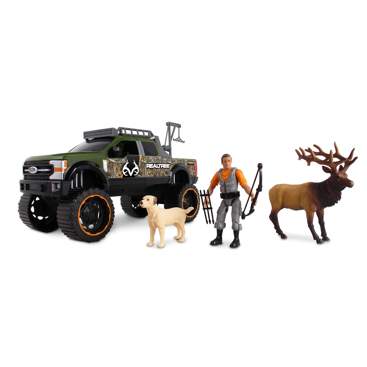 NKOK Realtree Camo 1/18 Scale Free-Wheel 8-PC Play Set, Ford F-250 Super Duty w/Accessories: Roll Bar, Roof Rack, Light Bar, Working Doors