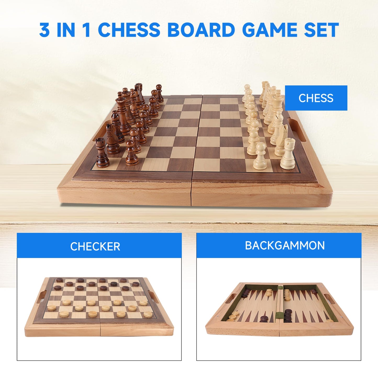 GSE Games & Sports Expert 16" Deluxe 3-in-1 Wooden Folding Chess, Checker & Backgammon Board Game Combo Set, Portable Travel Game Set for Kids