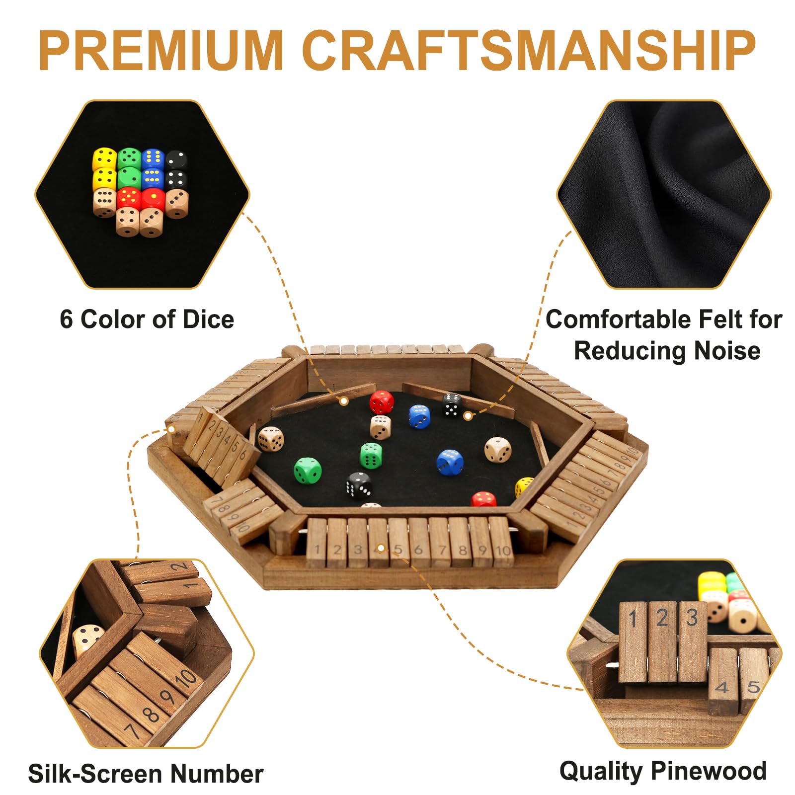 Exqline Shut The Box Game for 2-6 Players, Wooden Board Table Math Game with 14 Dice, 6 Way Classic Puzzle Board Games for Home Classroom or Pub