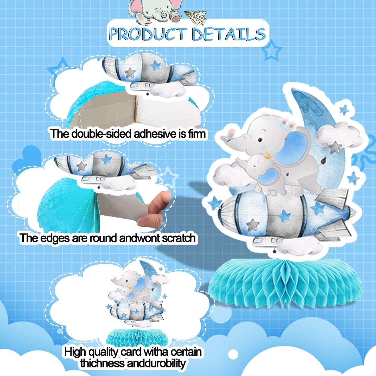 9 Pcs Elephant Baby Shower Honeycomb Centerpieces Party Decor for Boys,Cute Blue Elephant Honeycomb Balloons Star Moon Topper 3D Table Decoration
