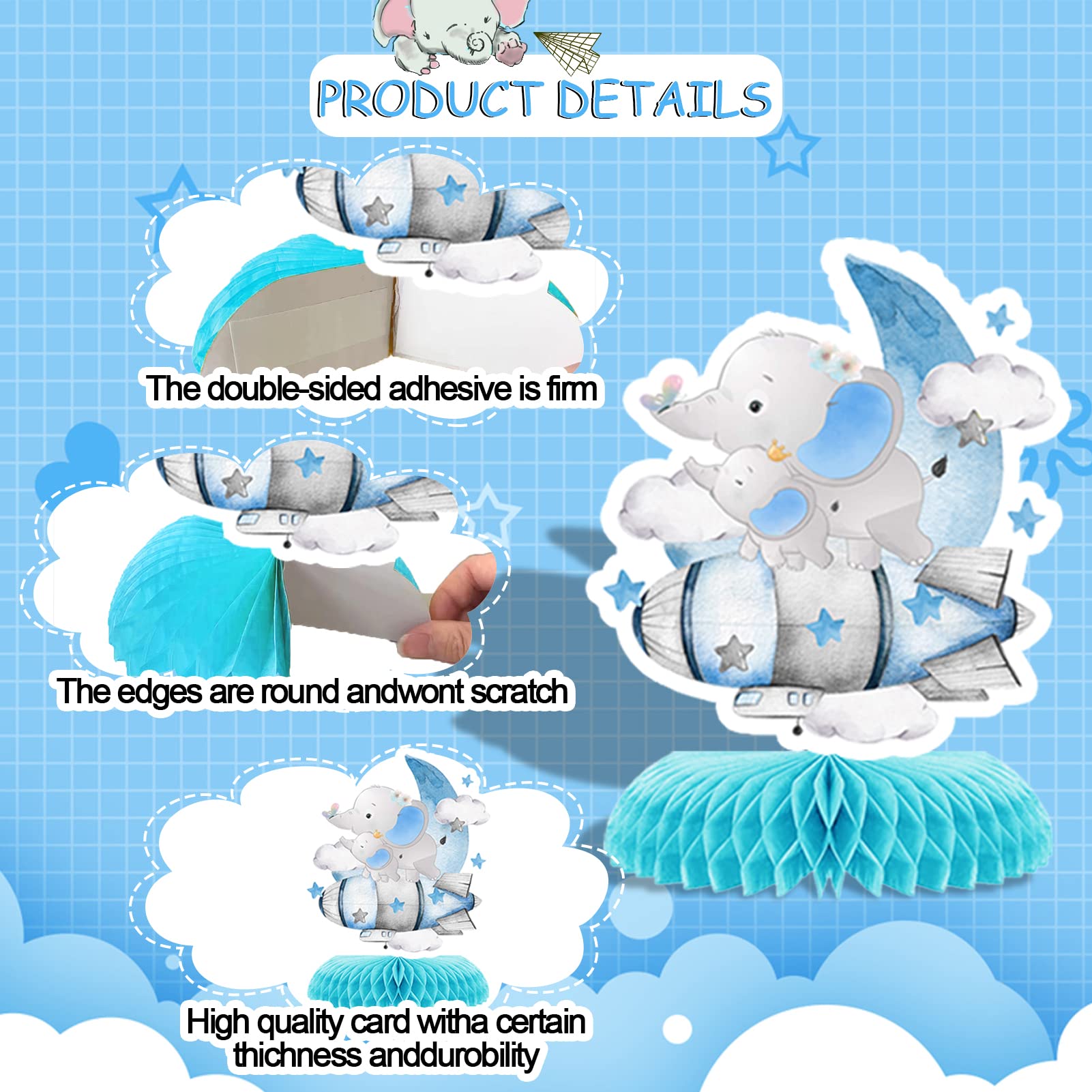 9 Pcs Elephant Baby Shower Honeycomb Centerpieces Party Decor for Boys,Cute Blue Elephant Honeycomb Balloons Star Moon Topper 3D Table Decoration