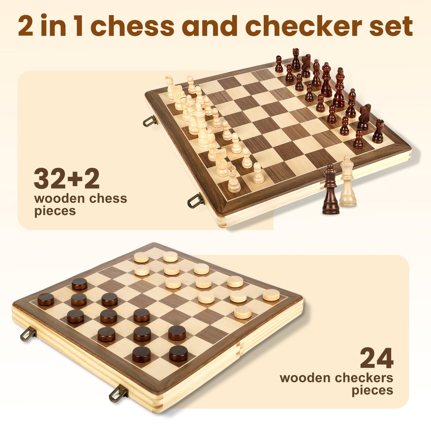 LEAP Magnetic Wooden Chess Checker Sets 15.5 inch Foldable Chess Board 3 inch King Height Chess Pieces, Upper Magnetic Checker Storage Slots