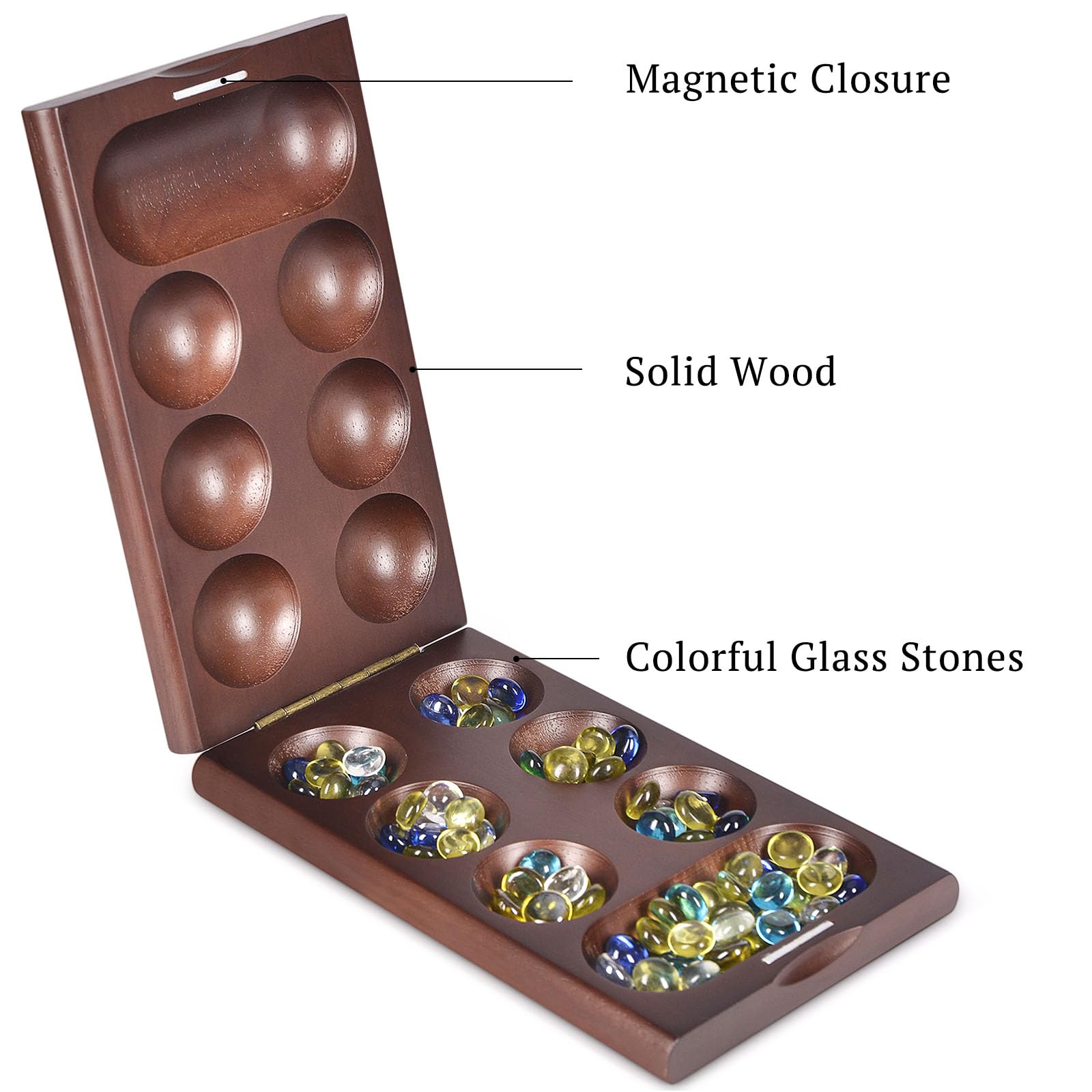 VAMSLOVE Wooden Mancala Board Game with Magnetic Lock / 48+8 Extra Multi Color Glass Stones, Folding Mancala Set for 2 Player, 6 Age and Up