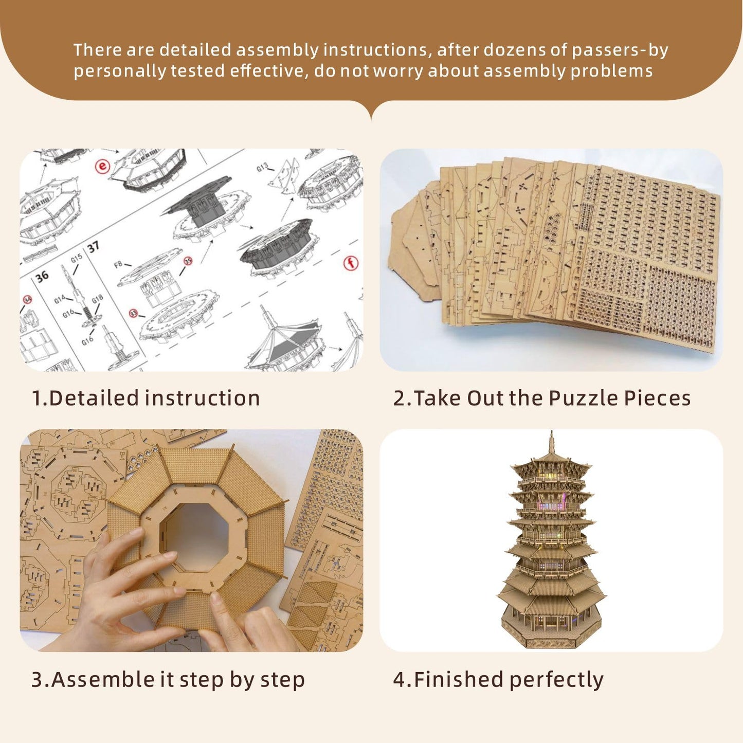 3D Wooden Puzzles for Adults Wooden Pagoda Assembly Model Kits,3D Puzzle Adult Building Crafts for Adults and 14+ Teens.(Five-Storied Pagoda 1287