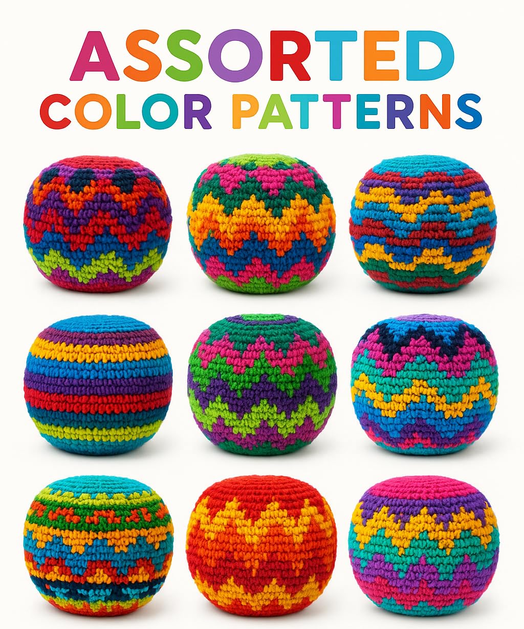 Funny Guy Mugs Footbag Set (3 Pack) - Handmade in Guatemala Crochet Hacky Kick Sack Balls - Footbag Juggling Balls for Outdoor Play, Party Games