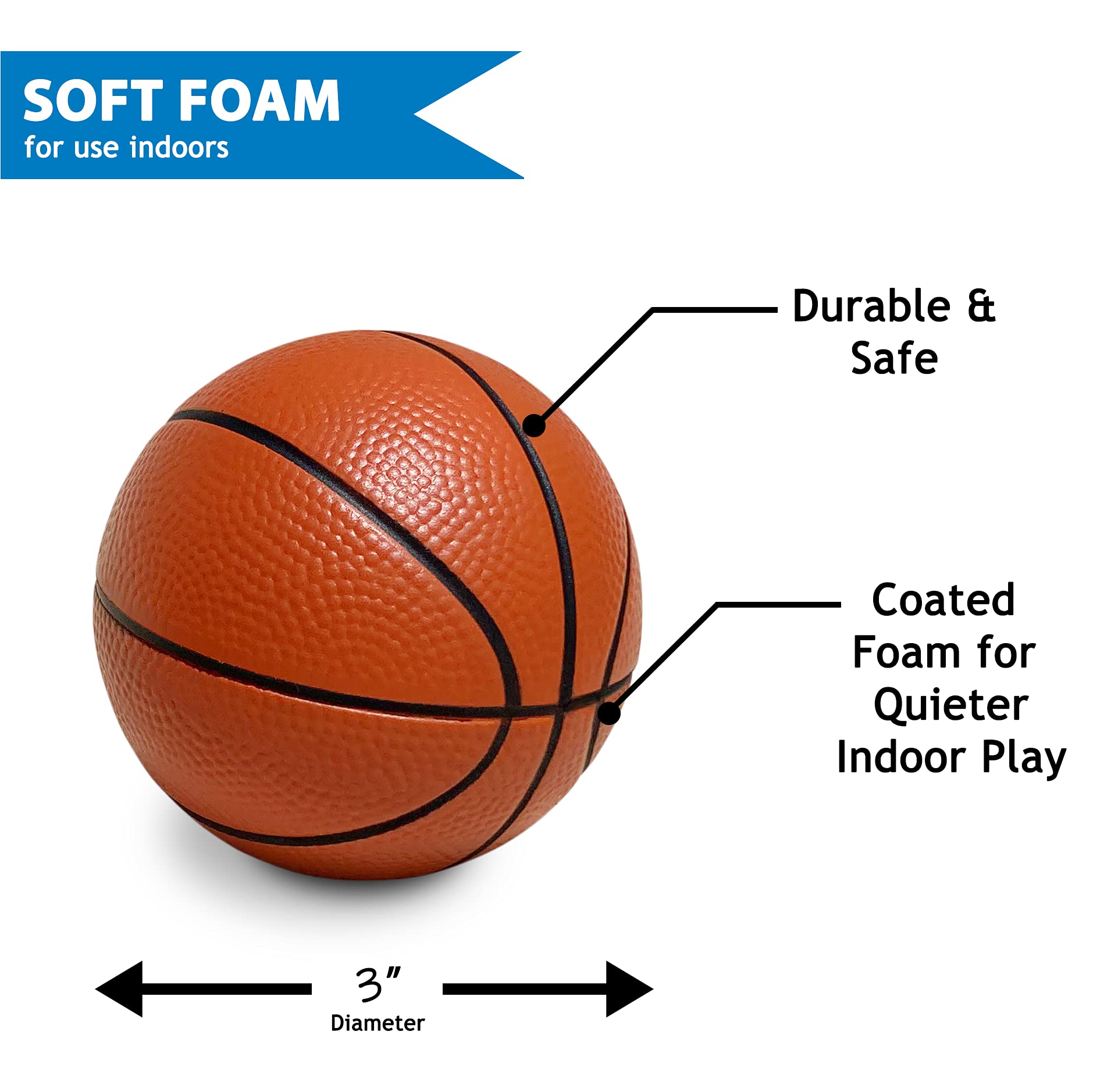 Soft Foam Mini Basketball - 3" Ball for Nerf Hoops & Indoor Play - Durable & Lightweight, Textured Surface, Compatible with Nerf Hoop - Set