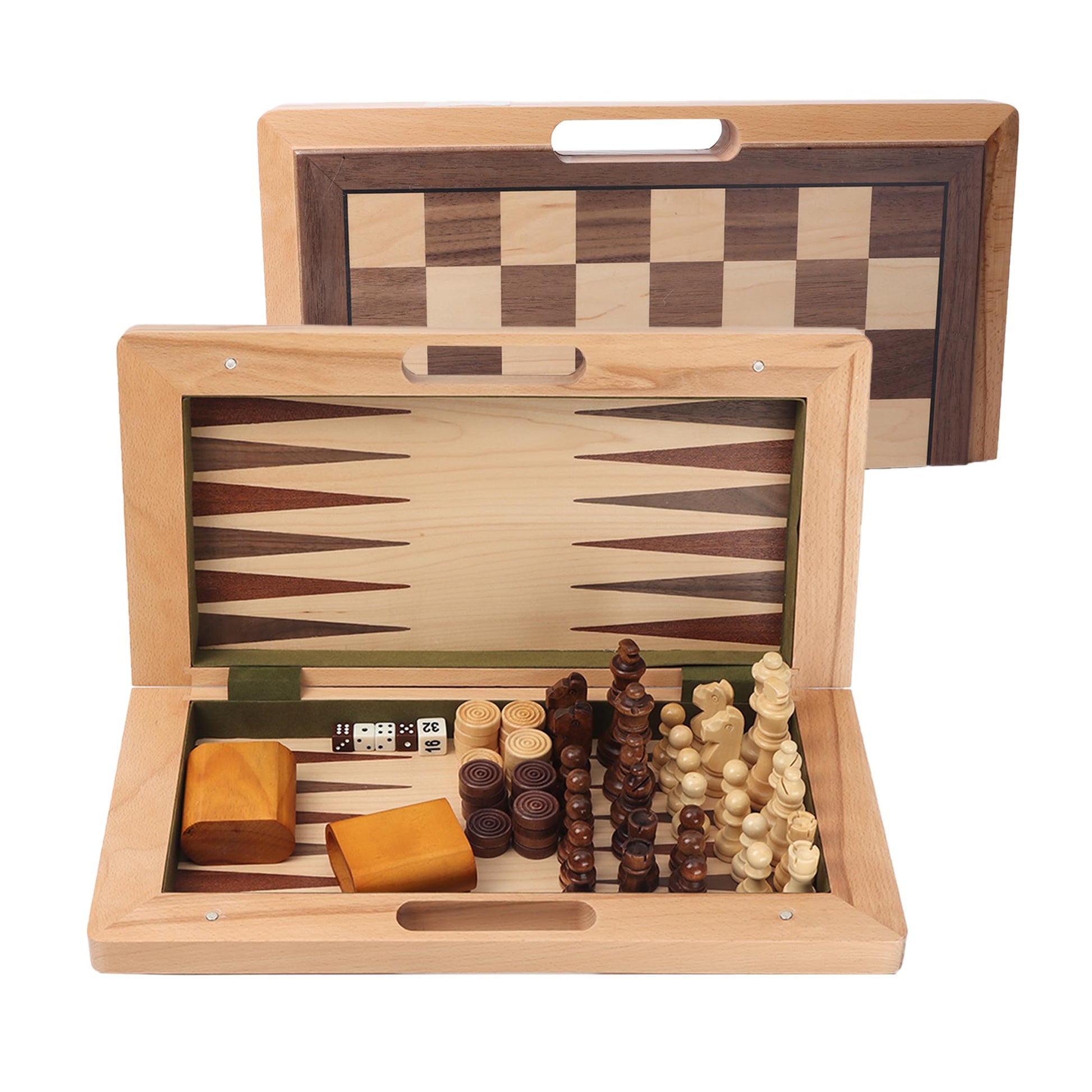 GSE Games & Sports Expert 16" Deluxe 3-in-1 Wooden Folding Chess, Checker & Backgammon Board Game Combo Set, Portable Travel Game Set for Kids