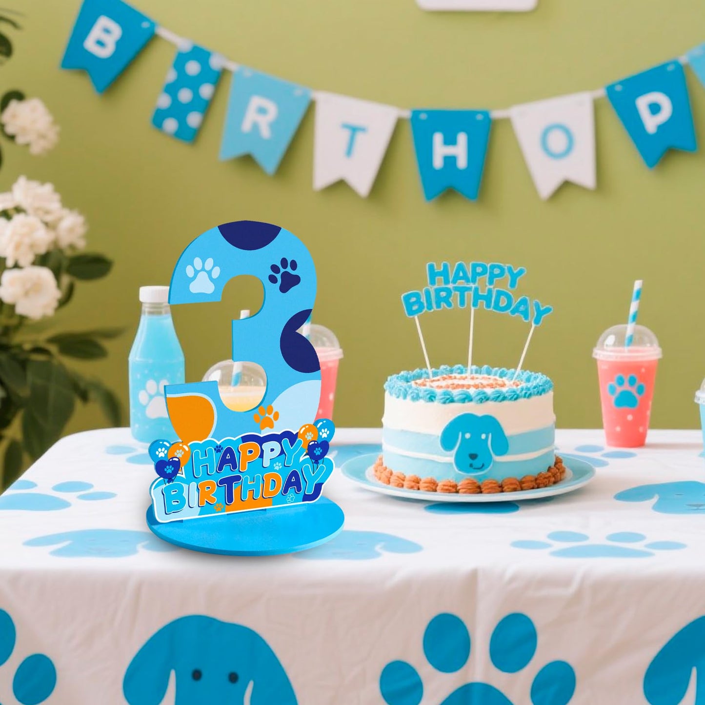 Dog Paw Birthday Party Decorations, Dog Paw Birthday Number Sign Centerpiece, 3rd Table Topper Wooden Centerpiece for Dog Theme 3rd Birthday Supplies