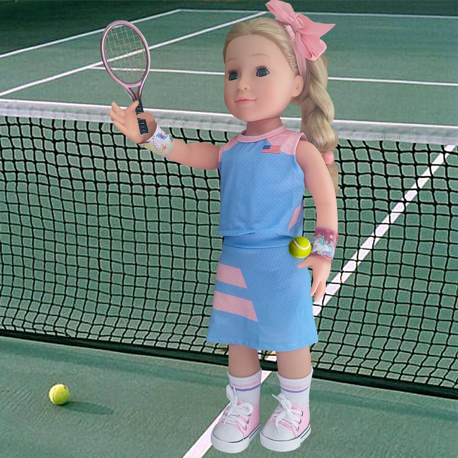 Wenzhuo 18inch Doll Clothes and accessories-18 Dolls Tennis Sports Outfits-Tops, Short Skirt, Headbands, Hair Band?Doll Socks, Dolls Shoes, Rackets