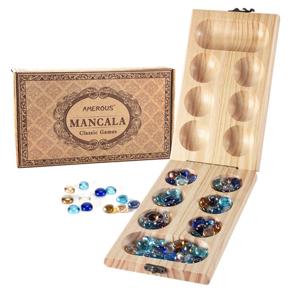 AMEROUS Wooden Mancala Board Game Set - Folding Board - Multi Color Glass Stones - Gift Package - Mancala Instructions, Portable Travel Board Game