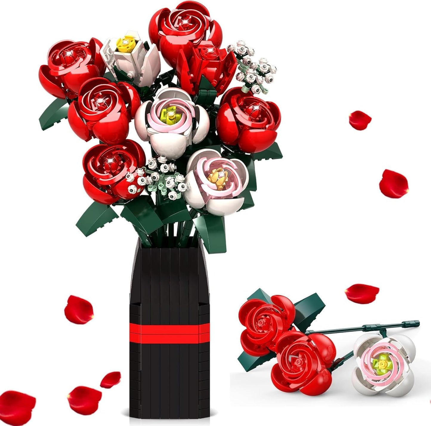 EXCOUP Flower Bouquet Building Set, Artificial Roses Toy Building Set with Vase, Building Blocks Flower Brick Toys for Home Office Decoration, Ideal
