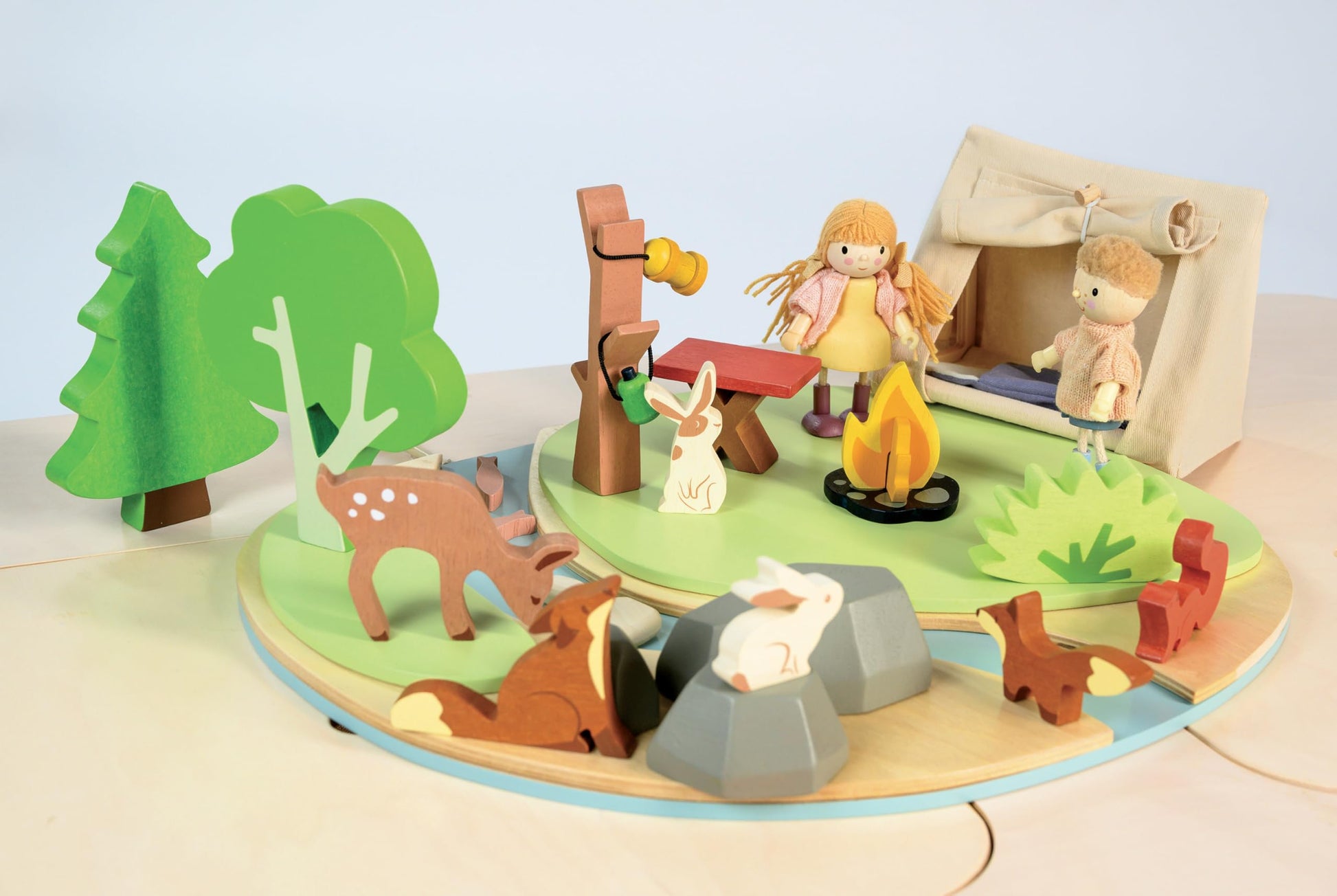 Tender Leaf Toys - Wildlife Camping Playset - Wooden Doll Sized Camping Set with Tent, Campfire, Fishing Rod & Accessories - Imaginative Play Set