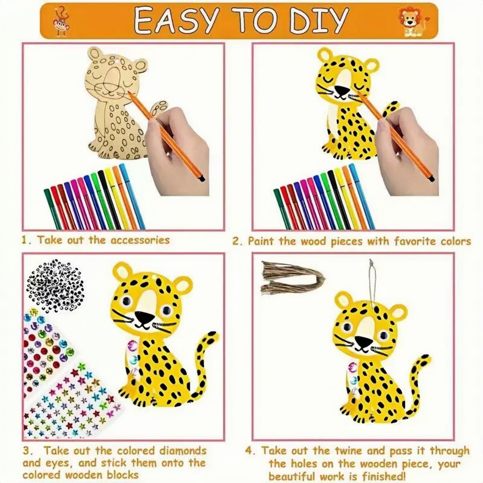 ShaoAngDuoMi 27PCS Paint Your Own Wooden Animal Crafts Kit - DIY Unfinished Wood Ornaments for Kids with Paint Pens & Stickers, Outdoor Art Activity