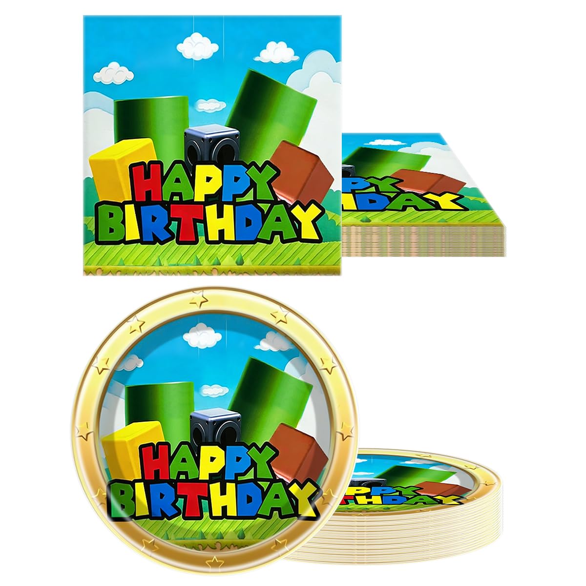 Super Bros Party Tableware, 20 Plates and 20 Napkins and Tablecloth71 '' x 42 ''Super Bros Birthday Party Decorate Supplies