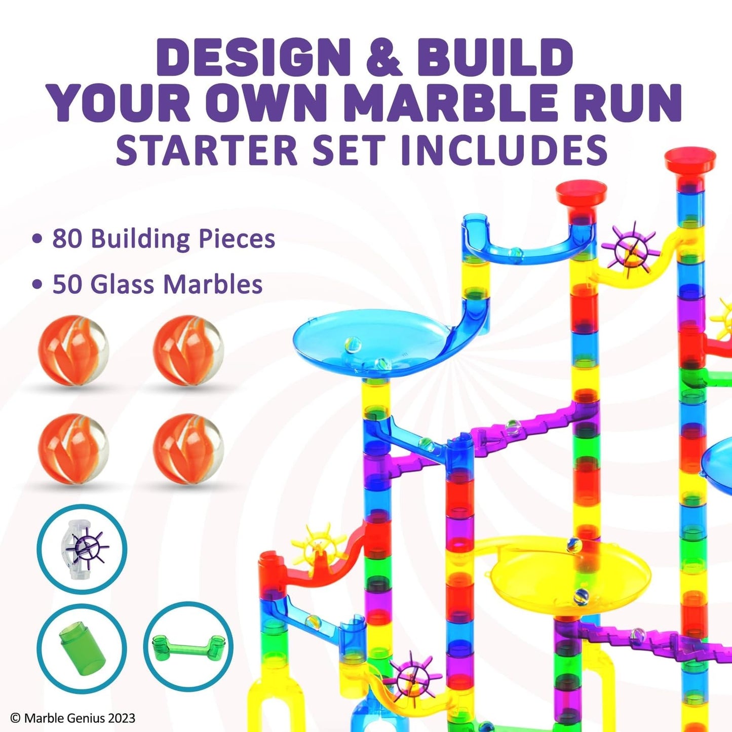 Marble Genius Marble Run Starter Set, STEM Toys & Maze Construction Building - 130 Translucent Track Pieces & Glass Marbles for Family, Kids Toddlers