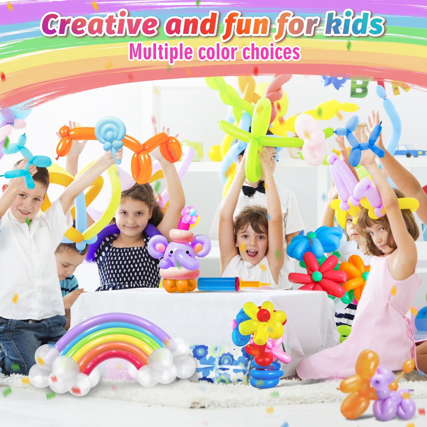 100 Pcs 260 Balloons Kit with Pump - Kids Premium Latex Twisting Long Balloons to Make Animals Flowers, Fun Rainbow Balloons for Party Boys Girls