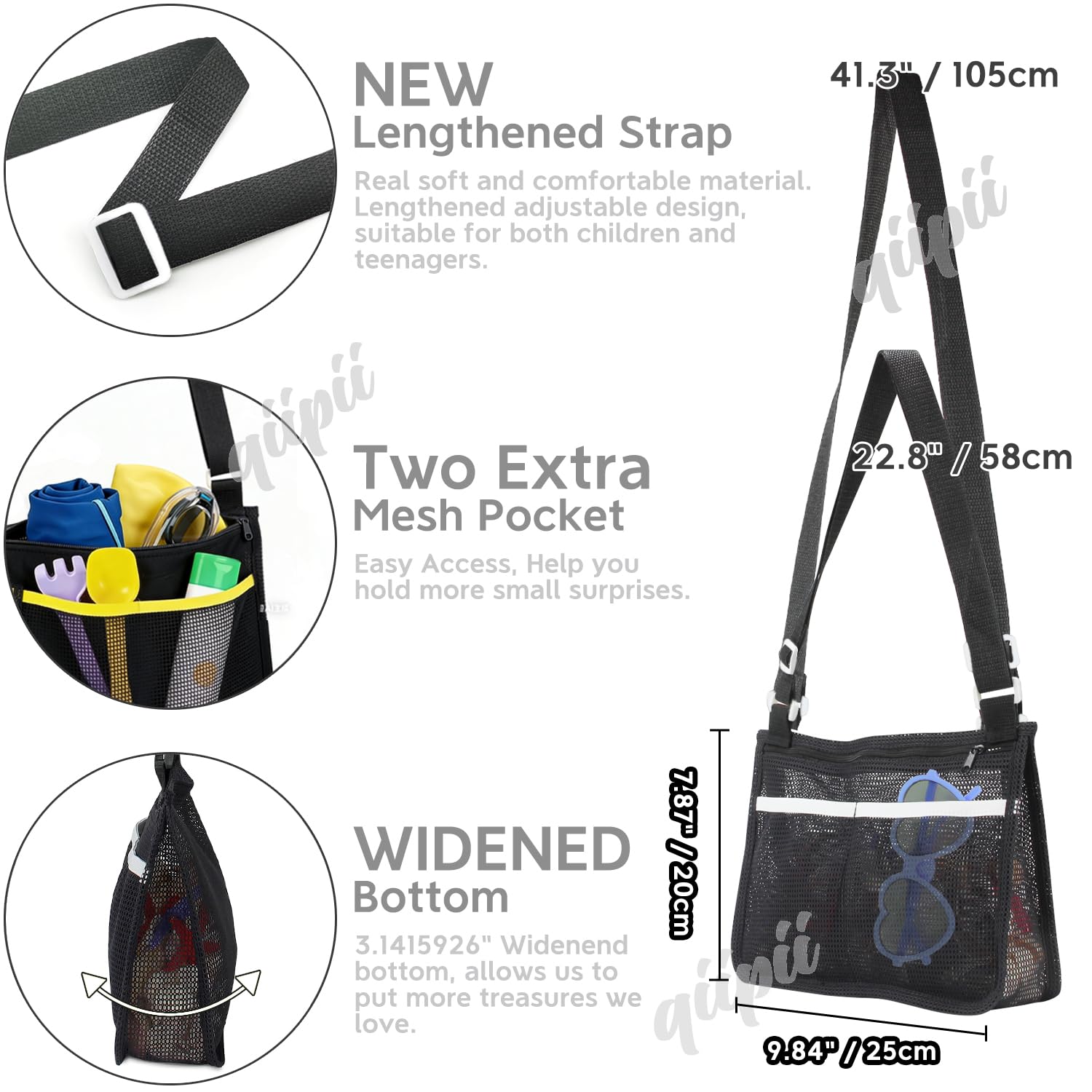 qiipii 2 Pack Beach Mesh Bag for Kids Shell Collecting Bag Beach Sand Toy Bags with 2 Outer Pocket for Hunting Shells, Swimming Accessories