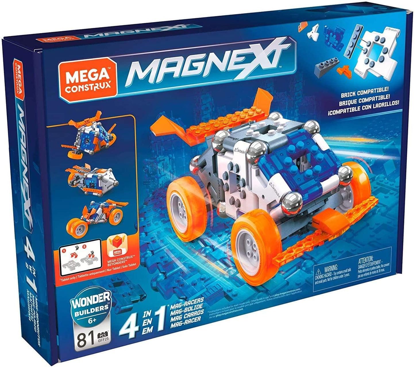 Mega Construx Magnext 4-in-1 Mag-Racers Construction Set with Magnets, Magnetic Building Toys for Kids 81 Pieces, Multi Color