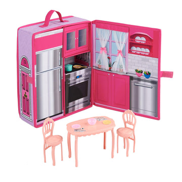Badger Basket Portable Doll Kitchen Set for 12 Inch Dolls - Includes Oven, Fridge, Table, Chairs & Accessories