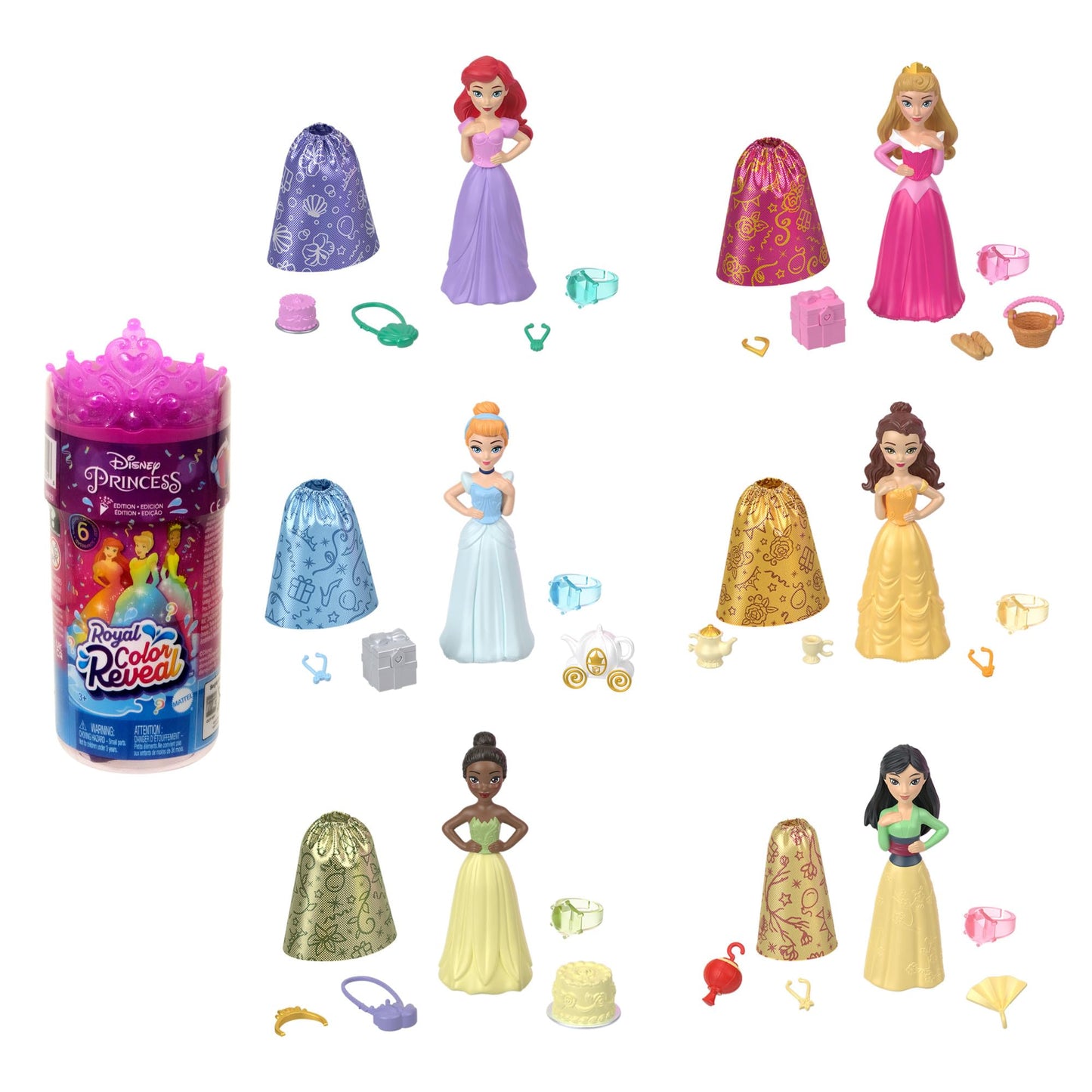 Mattel Disney Princess Small Doll Royal Color Reveal, 6 Surprises Include 1 Doll & 5 Accessories, Party Theme (Dolls May Vary)