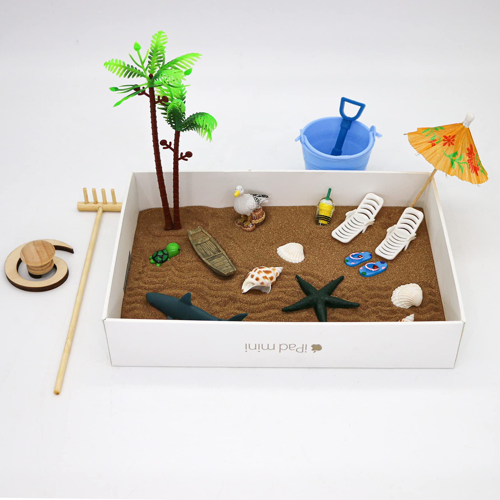 Beach Zen Garden Accessories Kit - Desktop Beach Fairy Garden Kit Sandbox Decor Tools Bamboo Rake Ornament Decoration Office Stress Relief Toys
