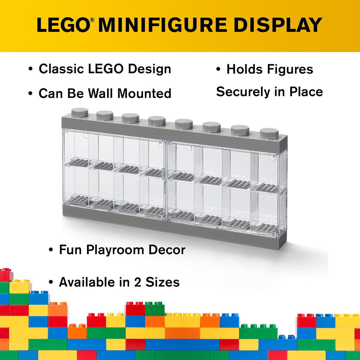 Room Copenhagen, Lego Minifigure Display Case - Stackable Storage Container for Desktop or Wall Mounting - 15.04 x 7.24in - 8 Stud, Medium Stone Grey