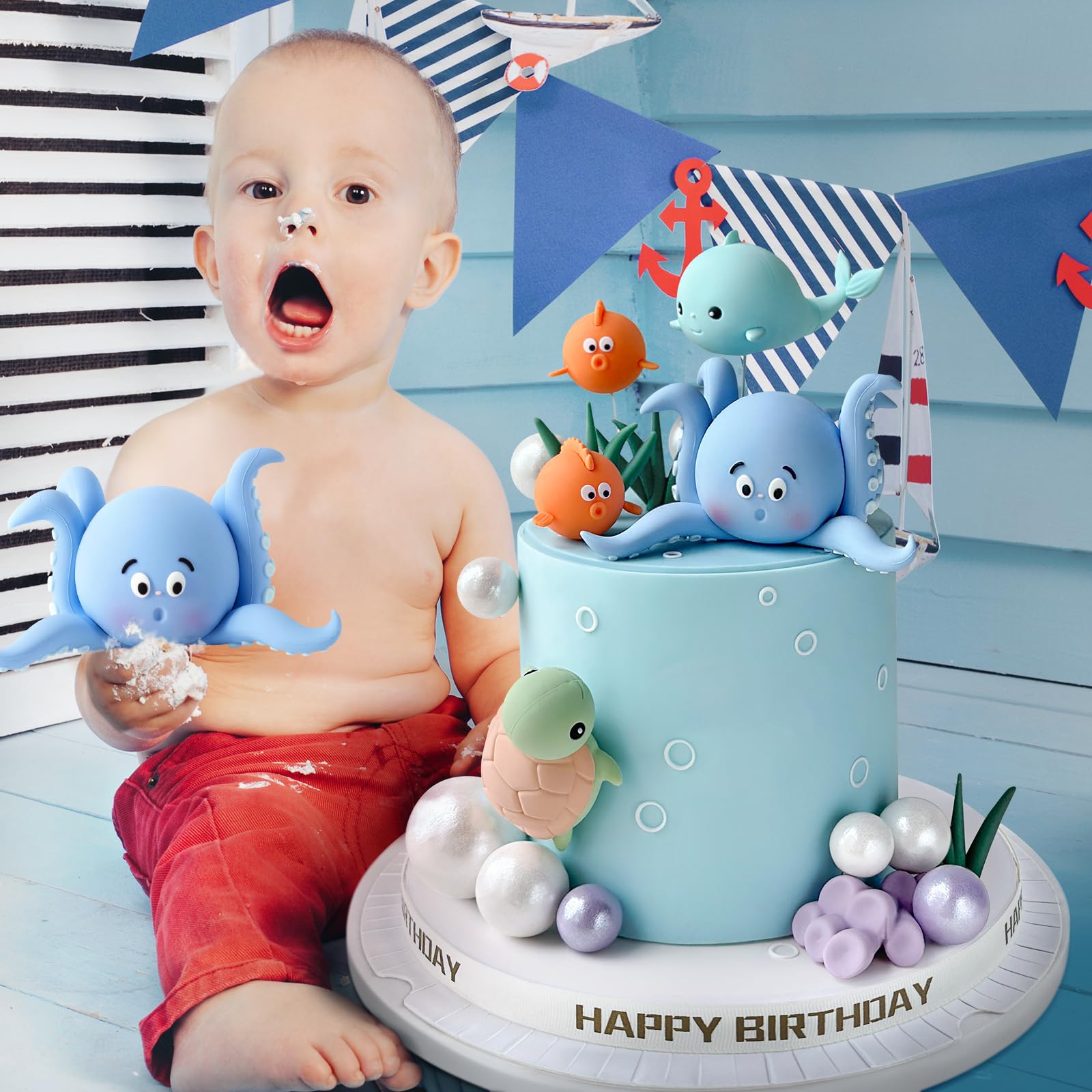 17 PCS Under the Sea Cake Decorations Ocean Animals Cake Topper with Cake Balls Decorations for Under the Sea Theme Boys Girls Baby Shower Birthday