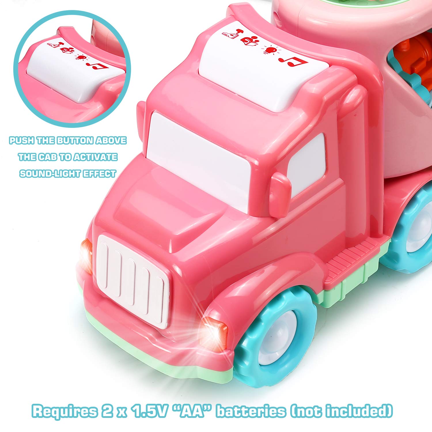 Carrier Car Toy Set(5 in 1) with Lights and Sounds, Pink Toy for Girl Toddler Kid, Friction Powered Double Layer Transport Truck with Cartoon