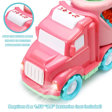 Carrier Car Toy Set(5 in 1) with Lights and Sounds, Pink Toy for Girl Toddler Kid, Friction Powered Double Layer Transport Truck with Cartoon