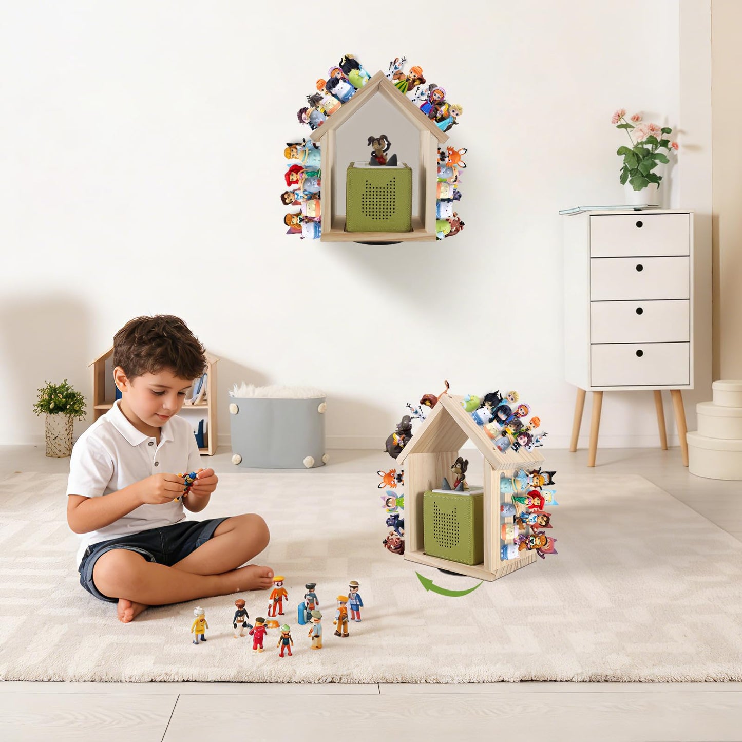 Givilio Tonie Shelf 360° Swivel Base SpinLodge House Rotating Wooden for Toniebox1&2, Magnetic Figures with Strong Magnets, Wall-Mountable Toniebox