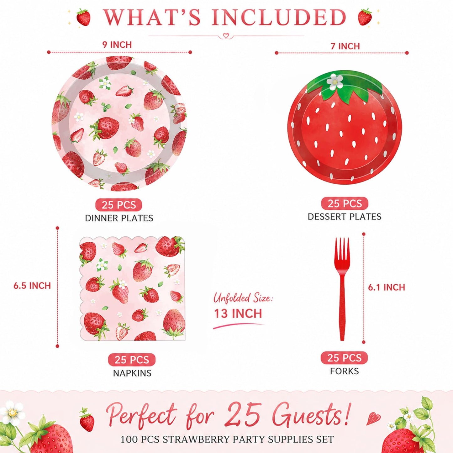 100 Pcs Strawberry Tableware Set Serves 25 - Disposable Paper Plates Napkins Plastic Forks, 9 Inch & 7 Inch Plates Berry Sweet Themed Party Supplies