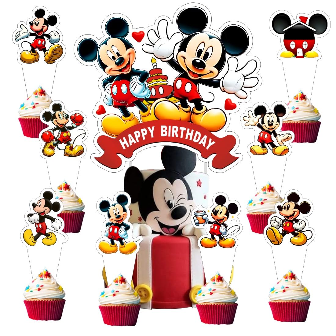 25pcs Mickey Cake Decorations with 24pcs Cupcake Toppers, 1pcs Cake Topper for Mickey Birthday Party Supplies