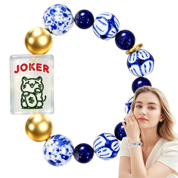Xelbreelark Mahjong Bracelets for Women, Stretchy Jewelry Gifts with Lucky Cat & Joker Tile, Fortune Luck Mahjong Accessory, 5.7-7.8 in Fits Most