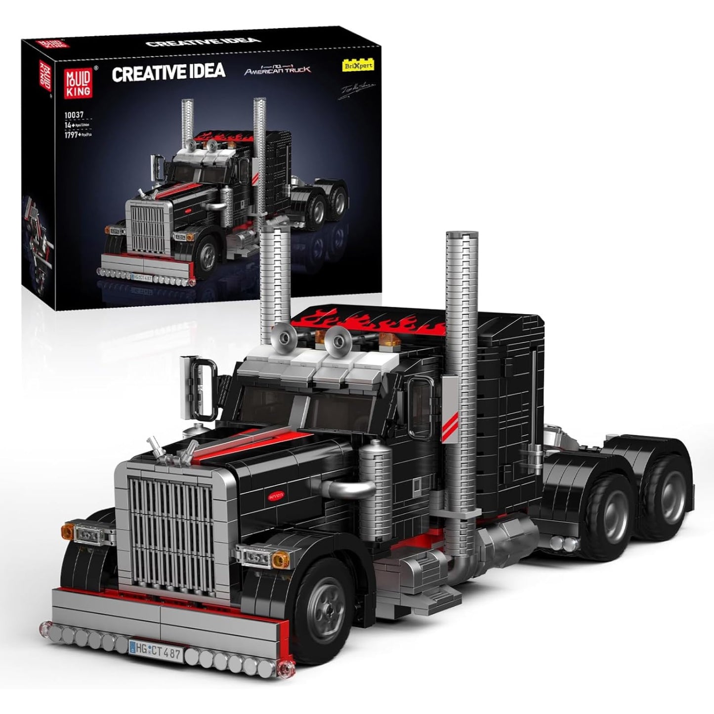 Mould King 10037 Semi Truck Building Set, Flatbed Truck Toy with 10 Wheels, Collectible Car Model to Build and Display, Creative Gift for Adult (1797