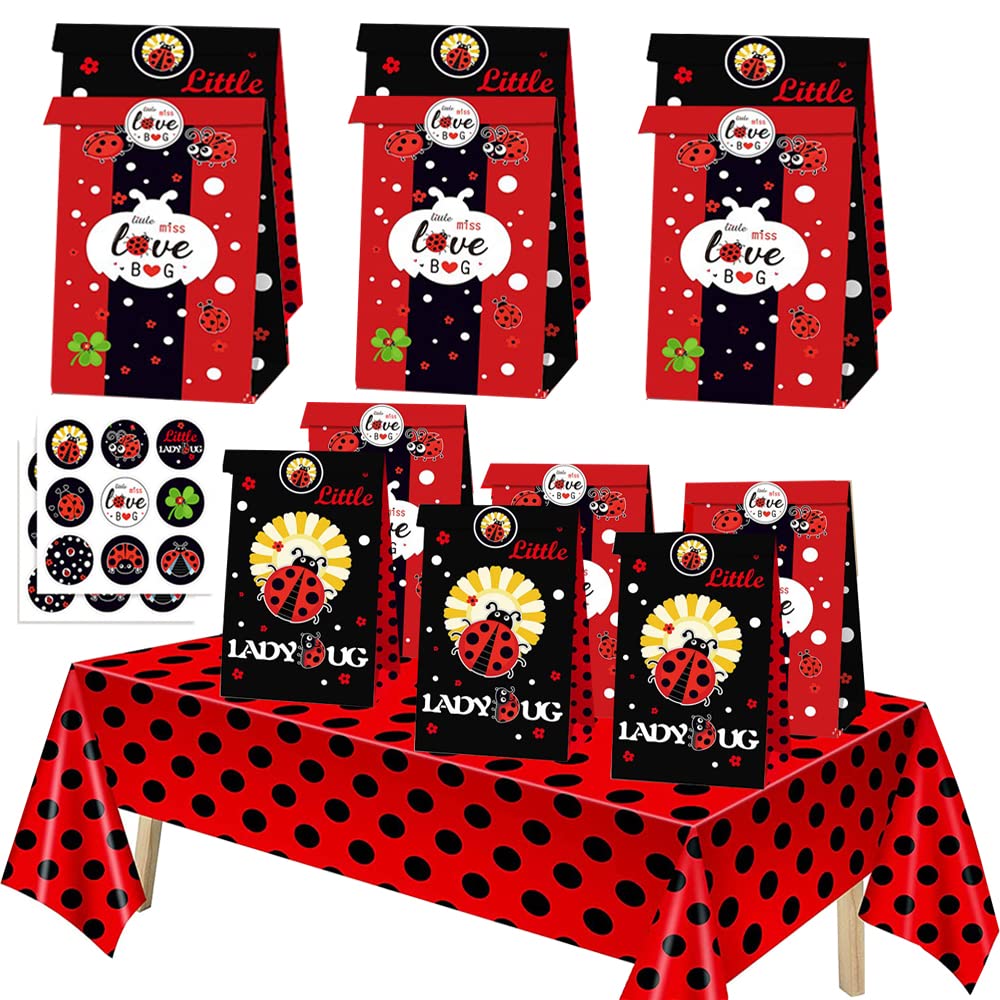 Ghberll Ladybug Party Bags 30Pcs Favor Kit with 1 Tablecover Red Black Polka Dots Tablecloth & Treat Paper Candy Bags for Birthday Party Decorations
